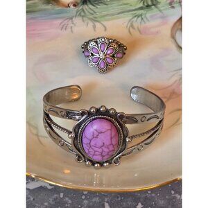 Vintage Silver Cuff Bracelet & Ring Set With Purple Stone